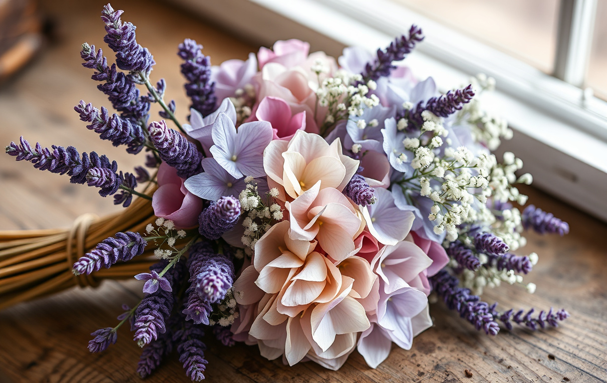 Torkad bukett med lavendel, hortensia och brudslöja i lantlig inredning