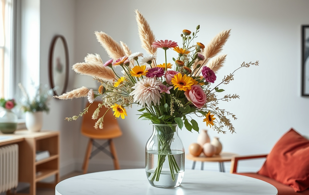 Trendig bukett med torkade blommor och färska snittblommor i modern inredning