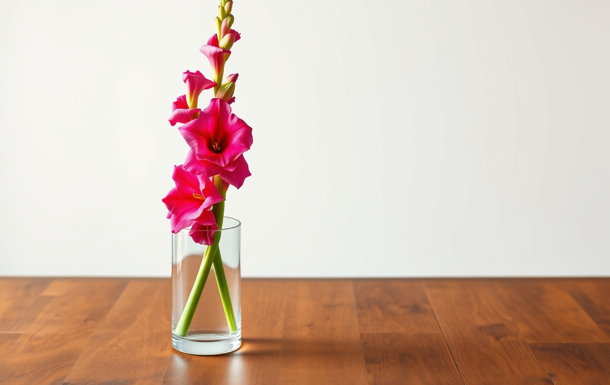 Cylindervas i glas med höga gladiolus stående på ett träbord
