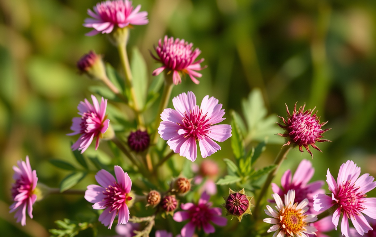 Bukett med rosa vilda blommor som rödklöver och midsommarblomster i naturligt ljus