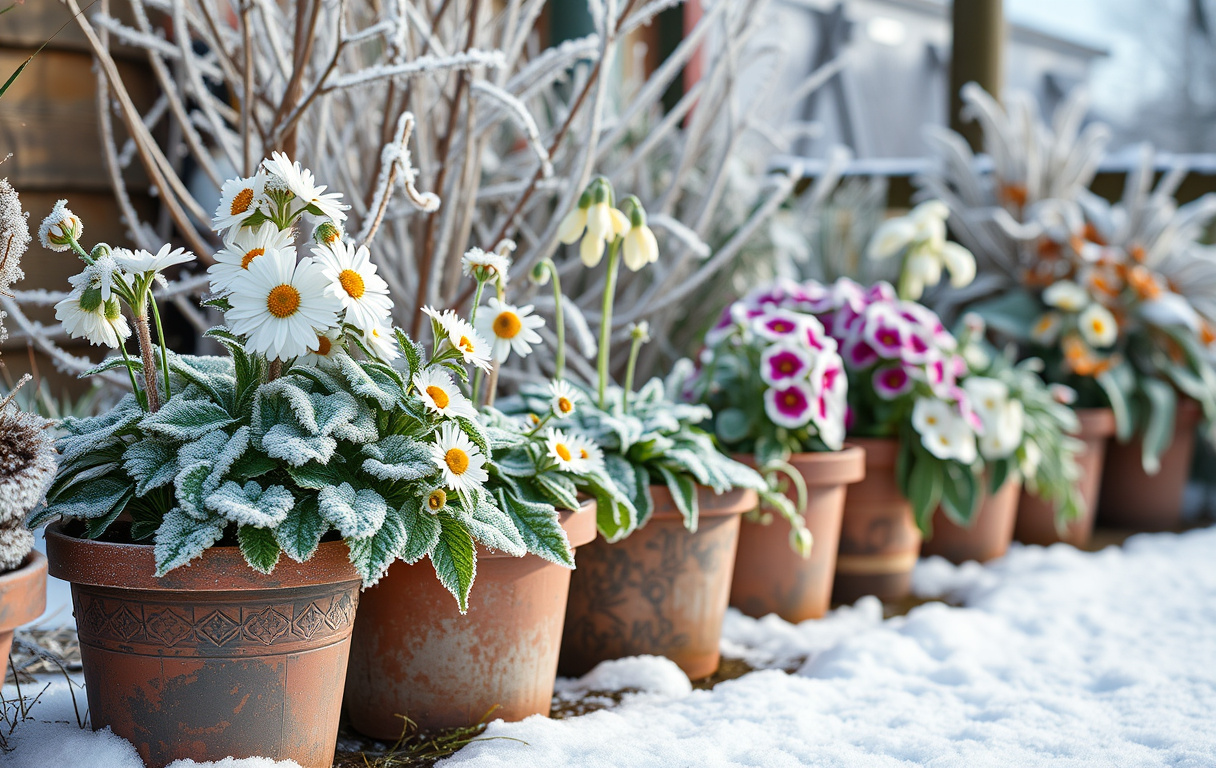 Vinterblommor i krukor med snö på marken, frostiga blad och blommor