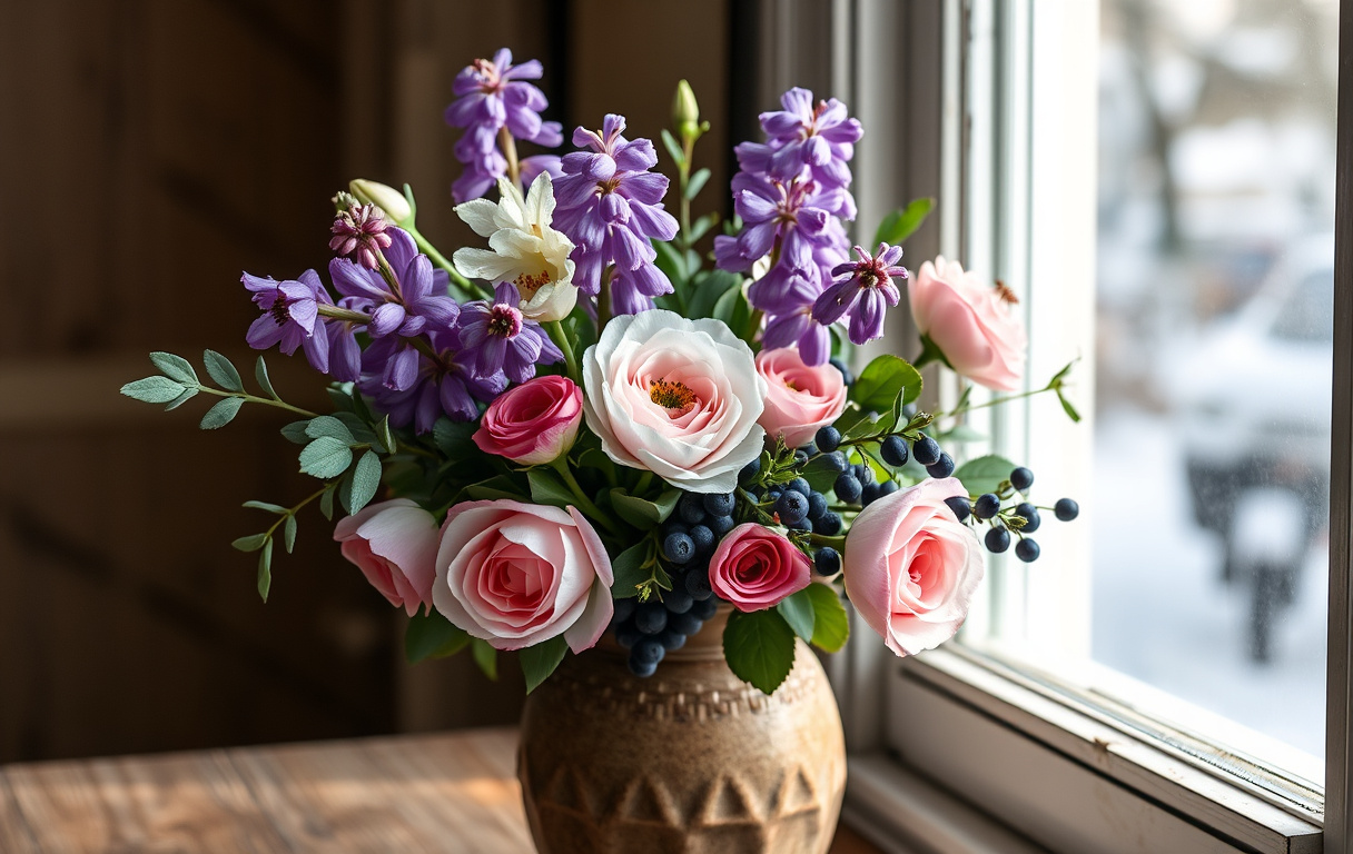 Vinterbukett med hyacinter, anemoner och rosor i rustik vas med eukalyptus